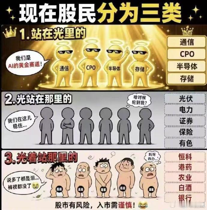 现在股民分为三类：站在光里的：通信、cpo、半导体、存储光站在那里的：光伏、电力