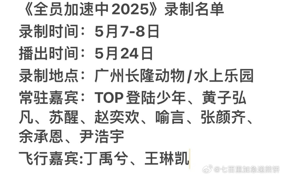 新一季全员加速中的网传常驻嘉宾：TOP登陆少年、黄子弘凡、喻言、张颜齐、余承恩、