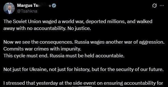 爱沙尼亚外交部长玛古斯·察赫纳在社交媒体上表示苏联（俄罗斯的前身）在历史上发动了
