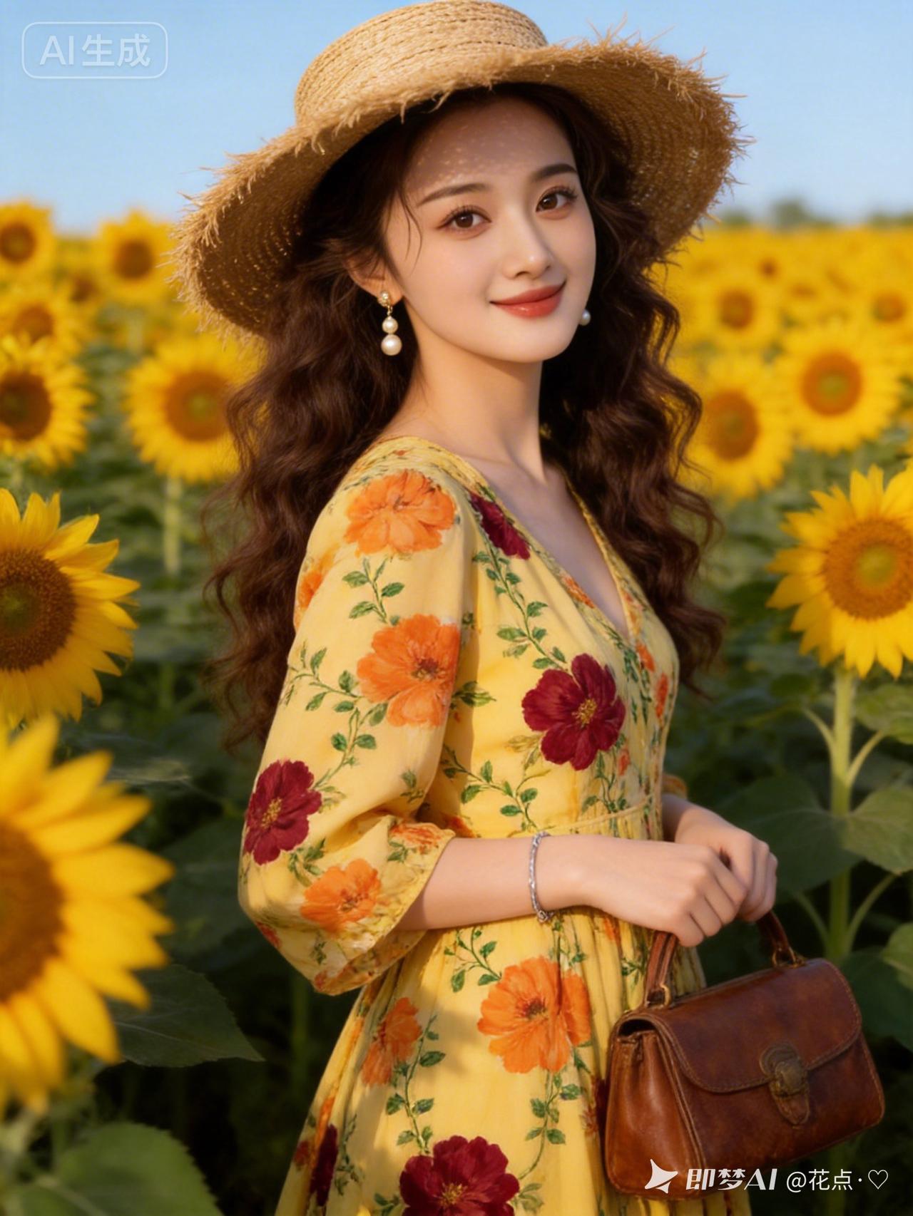 夏日花田里的甜美少女，草帽与花裙的完美搭配，阳光下的灿烂笑容。