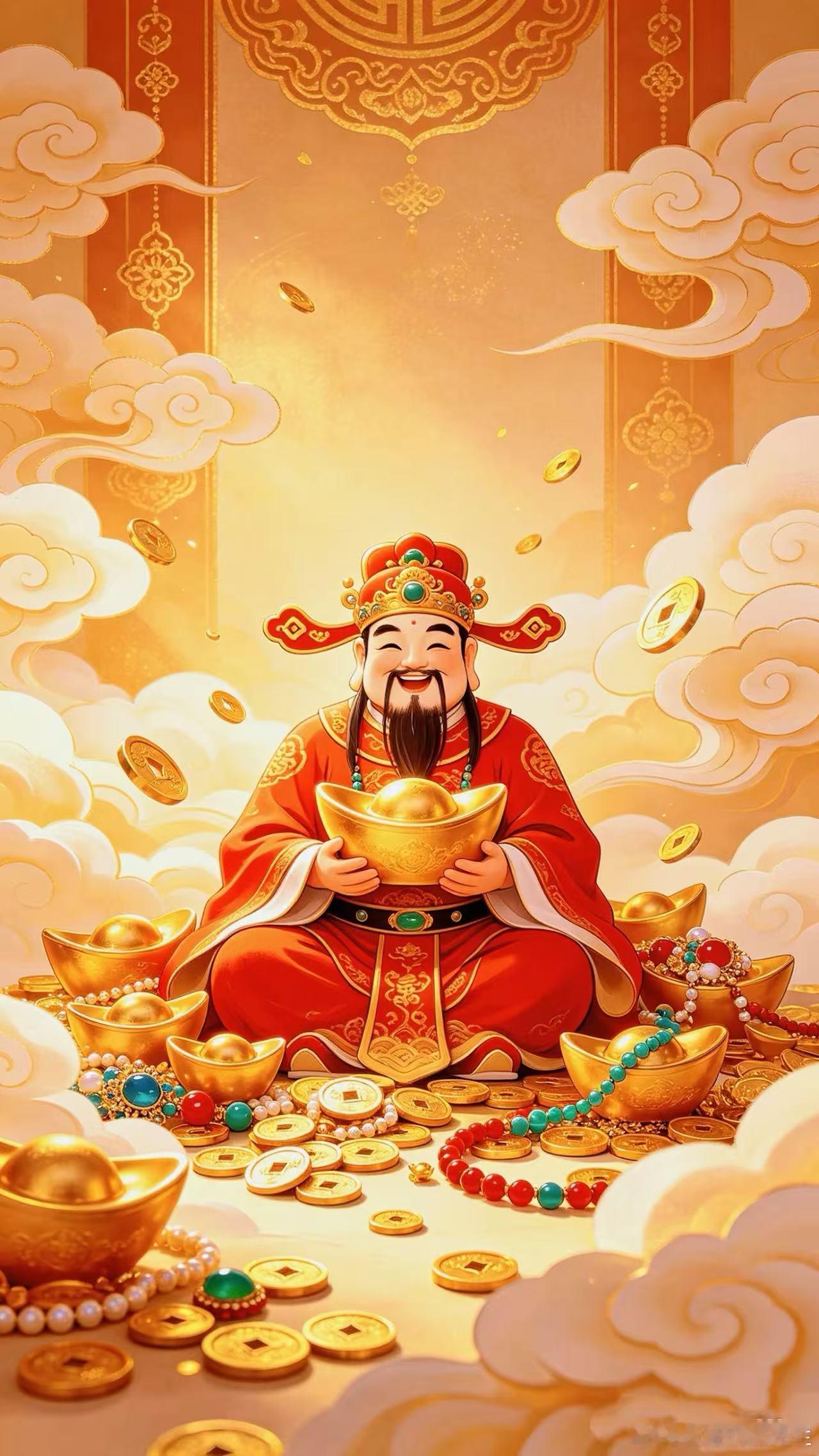 财神到，恭迎圣驾祈富贵安康。愿正财偏财皆顺遂，大财小财尽入囊。事业蒸蒸日上，财源