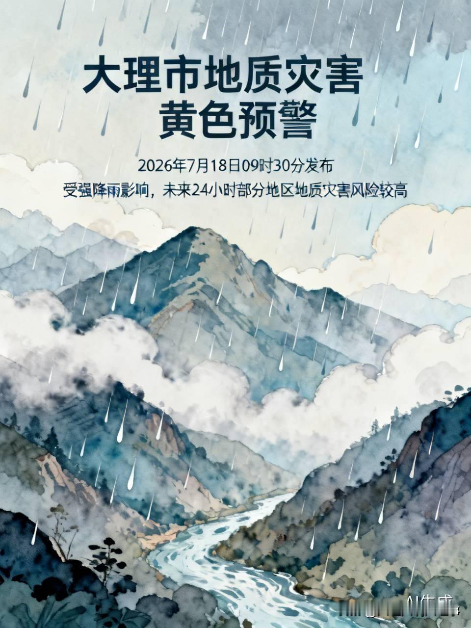 【大理市地质灾害黄色预警】大理市气象台和大理市自然资源局于2026年7月18日0