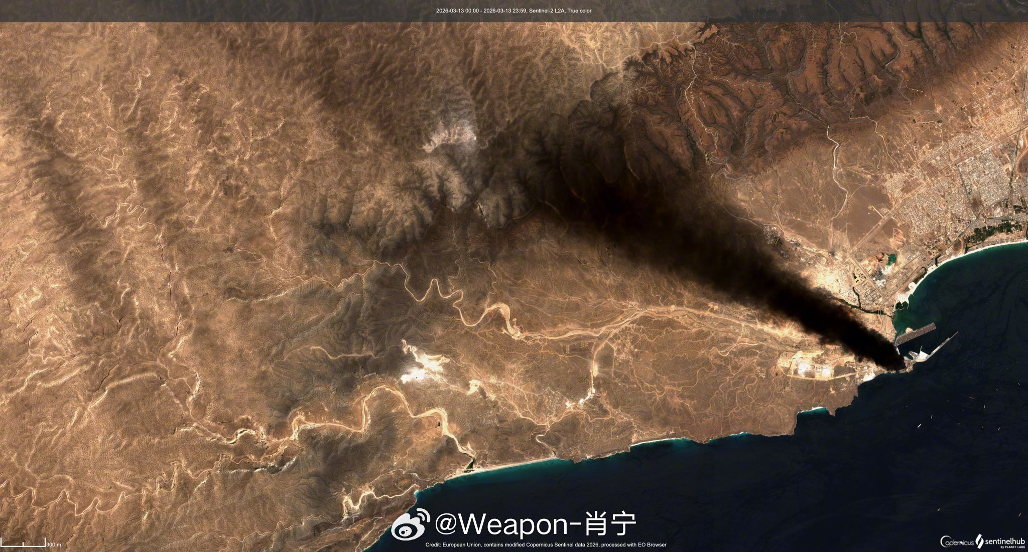 美以伊冲突 2026年3月13日，通过哥白尼/哨兵枢纽拍摄的卫星图像显示，伊朗无