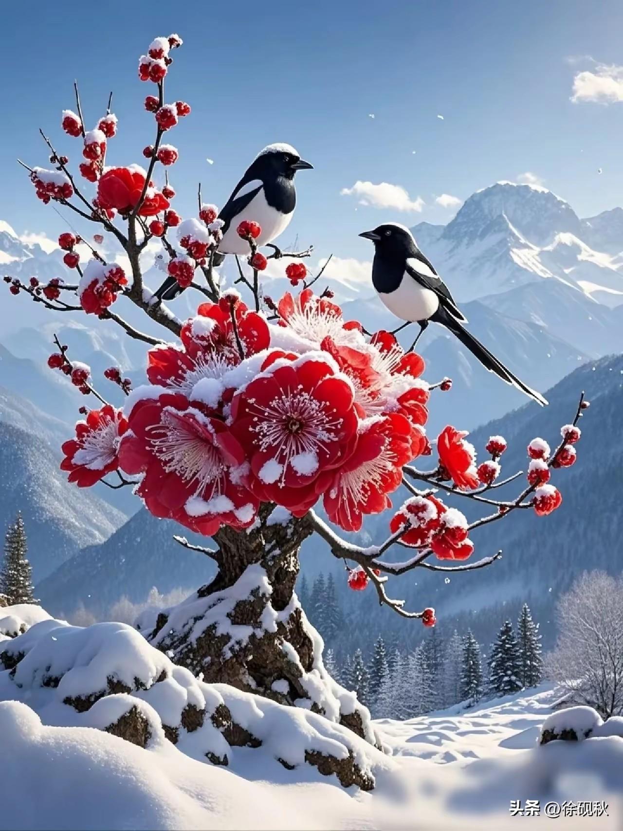 上联：红梅映雪，闲看万枝争艳
下联：梨花飘洒，漫观一片洁白