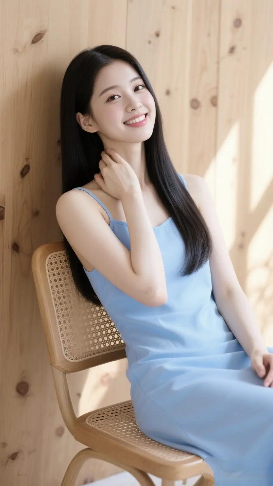 阳光洒进木屋，少女笑靥如花，温柔时光定格。🌞💙🌿