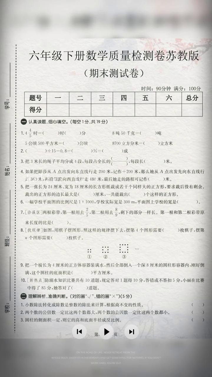 六年级下册数学质量检测卷苏教版。
明确要求，认真做题。(20分)。
(1)小芸家