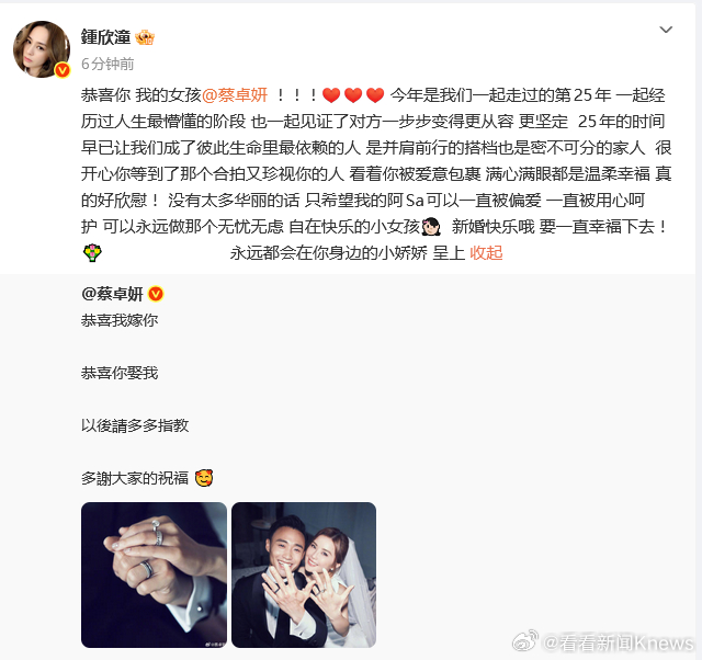 【#阿娇说恭喜你我的女孩#】#阿娇祝福蔡卓妍新婚#4月28日，发文：恭喜你 我的