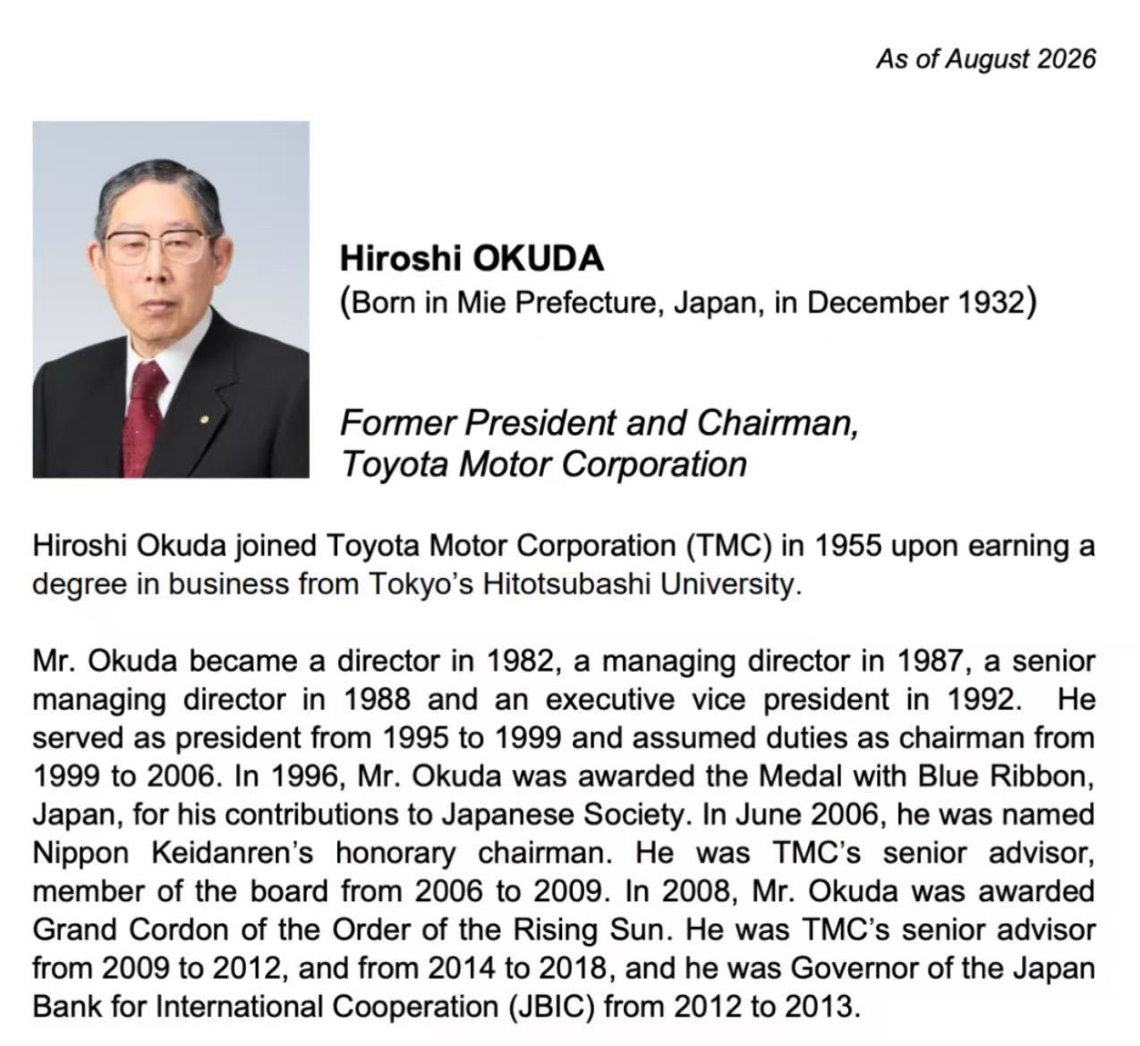 丰田汽车 8月13日，丰田汽车对外宣布，丰田汽车前社长、董事长奥田硕于8月8日离