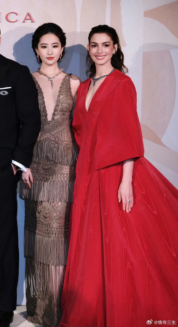 刘亦菲安妮海瑟薇互相搂腰一时不知该羡慕谁，两个都羡慕吧