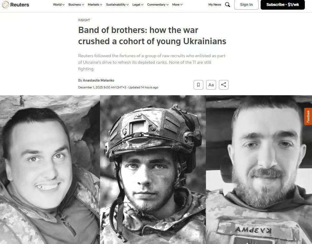 美媒Reuters 发表了一篇关于乌克兰青年合同兵调查结果的文章，结局是悲剧性的