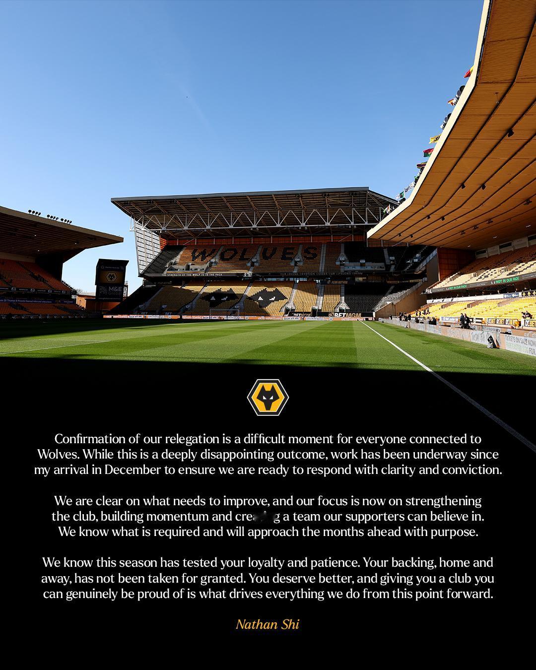 狼队官方发表降级声明👇：

对于所有与狼队相关的人来说，球队确认降级是一个无比