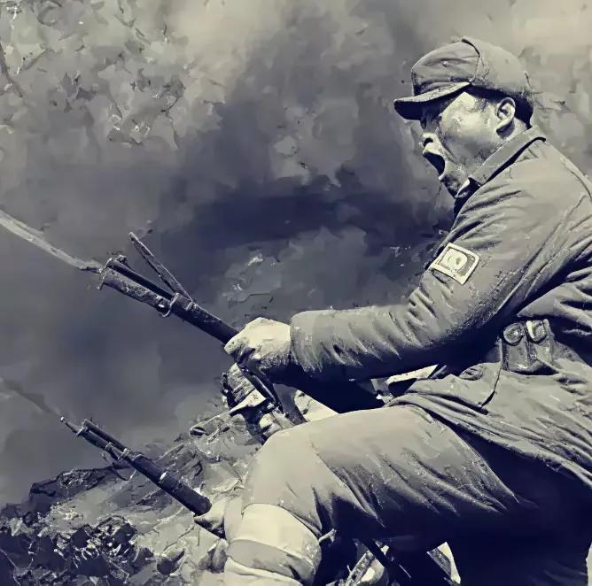 这是一张我军士兵和日本鬼子拼刺刀的真实镜头，首先在气势上，这种大无畏的气概就战胜