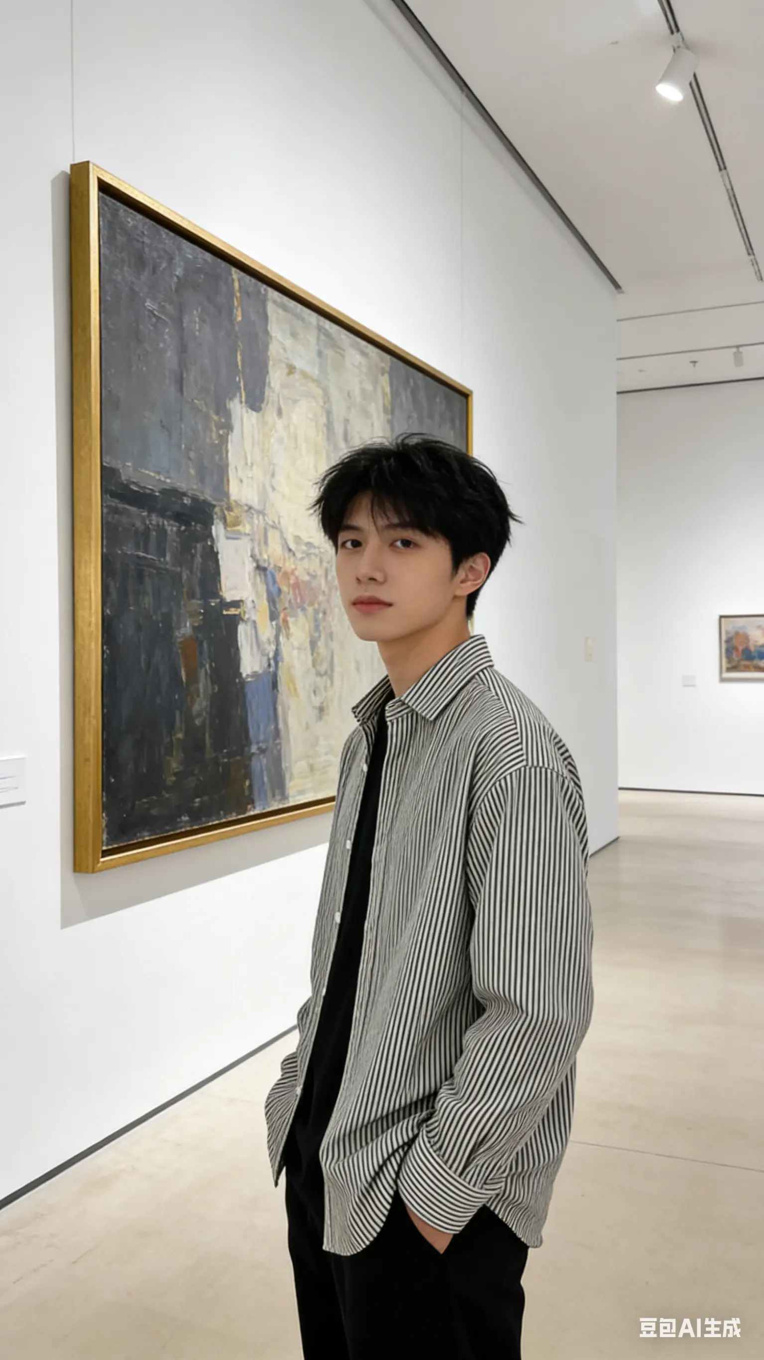 浅灰条纹立姿约知夏在落地镜前抚平袖口褶皱。浅灰条纹立姿约  知夏在落地...