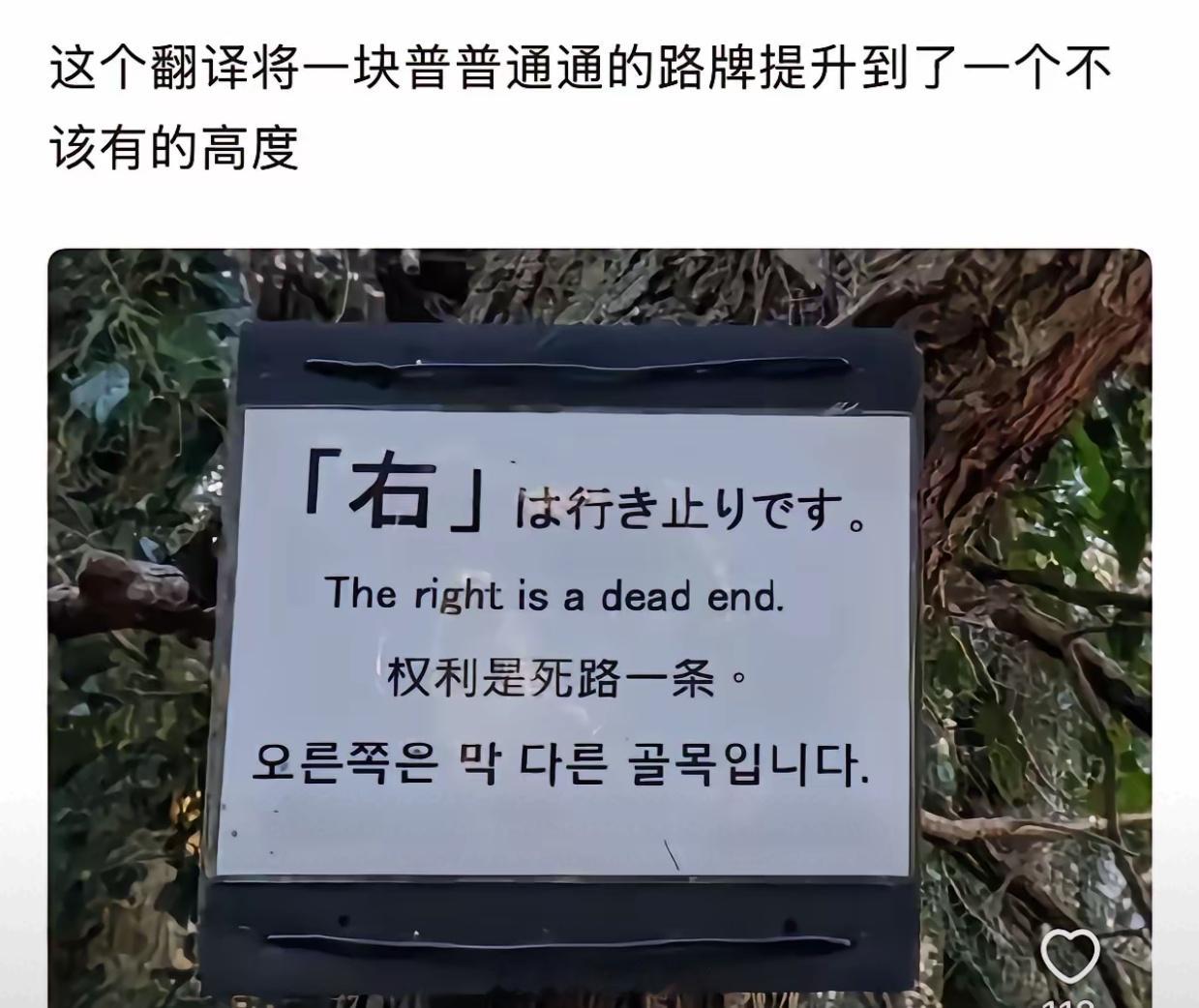 这个翻译将一块普通路牌提升到一个不该有的高度