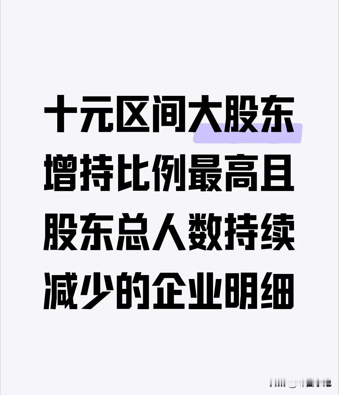 大股东增持比例最高且股东总人数持续减少的企业明细(十元区间)
以下企业增持比例均