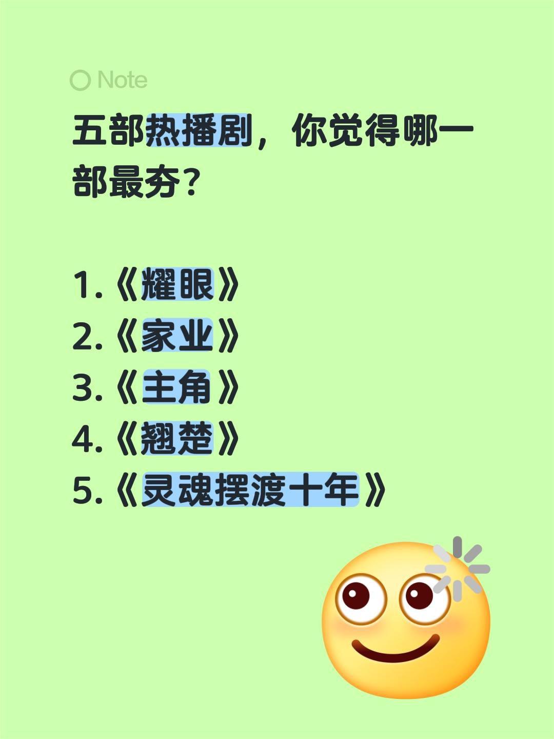 五部热播剧，你觉得哪一部最夯？

1.《耀眼》
2.《家业》
3.《主角》
4.