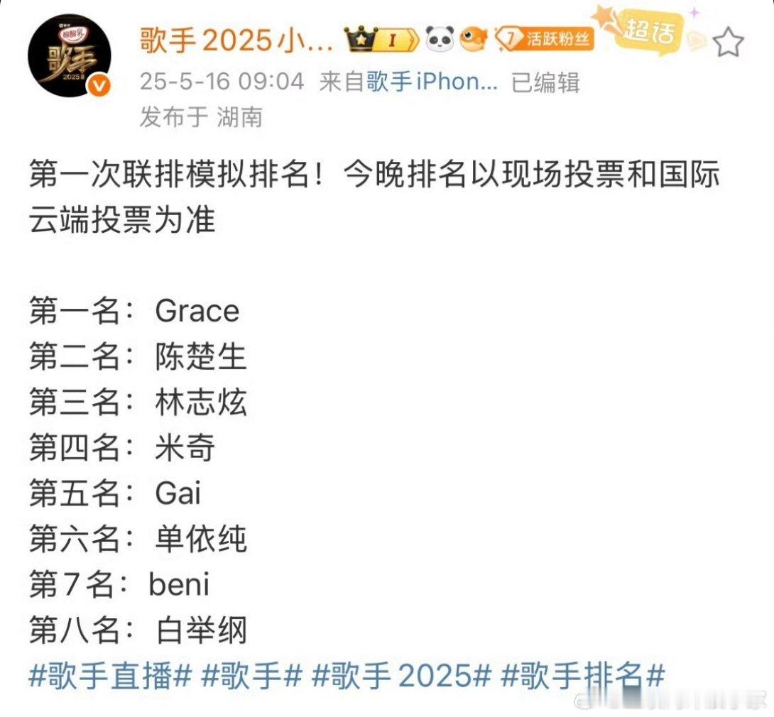 歌手2025 第一次联排模拟排名🈶第一名：Grace第二名：陈楚生第三名：林志