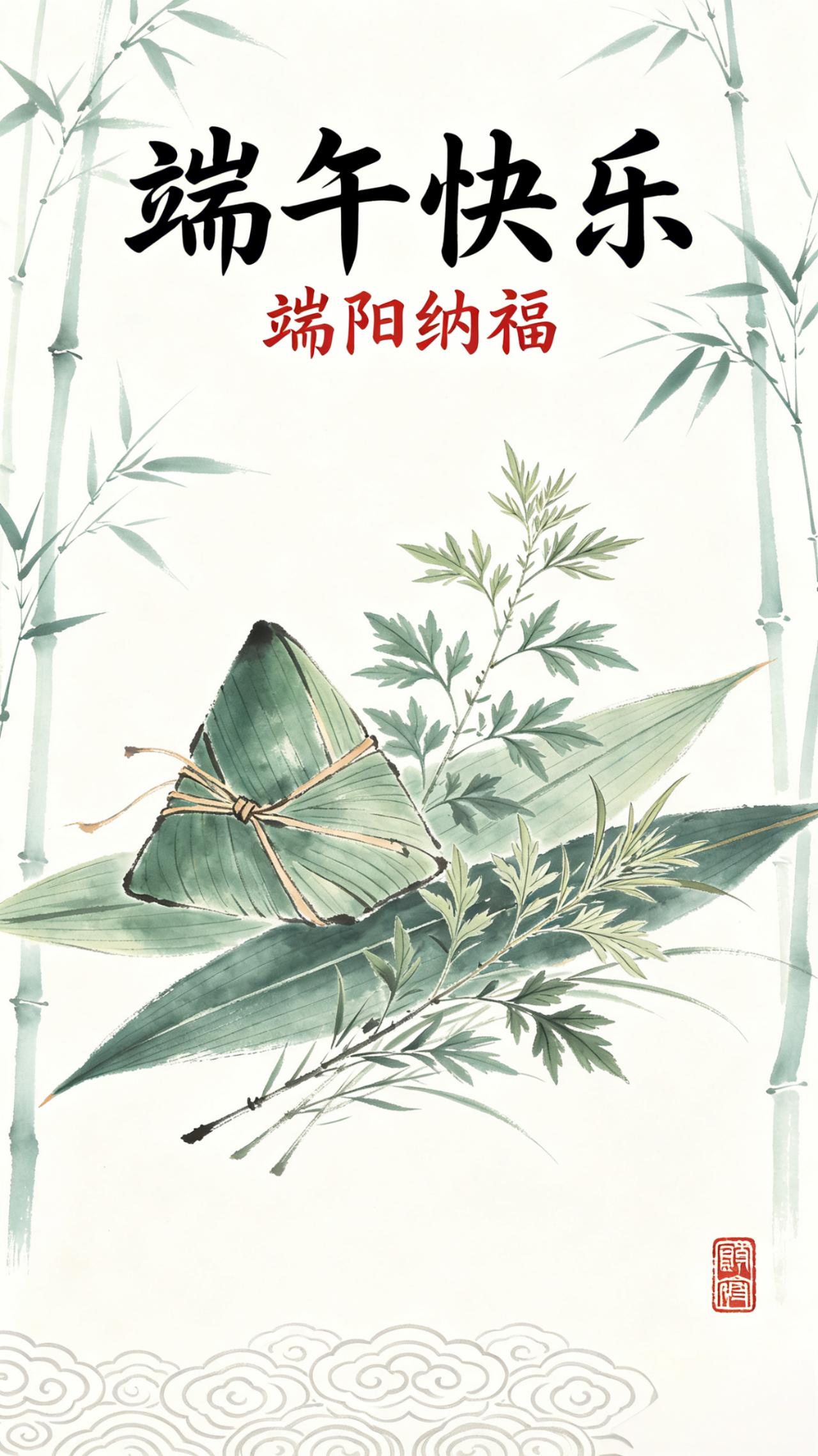 青竹垂烟衬素笺，菖蒲艾草伴清筵。
浓书快乐端阳字，一印朱红贺吉年。
翠叶裹香风自