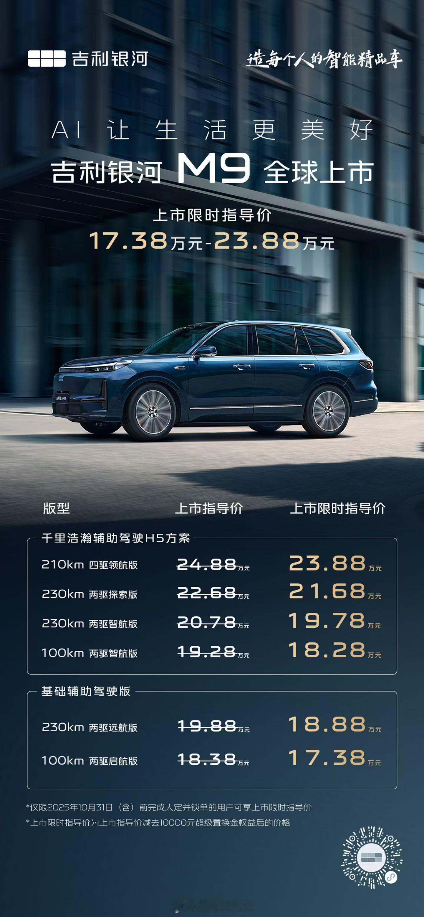 吉利银河M9，指导价17.38万~23.88万。这个价格真狠呀…[哆啦A梦害怕]
