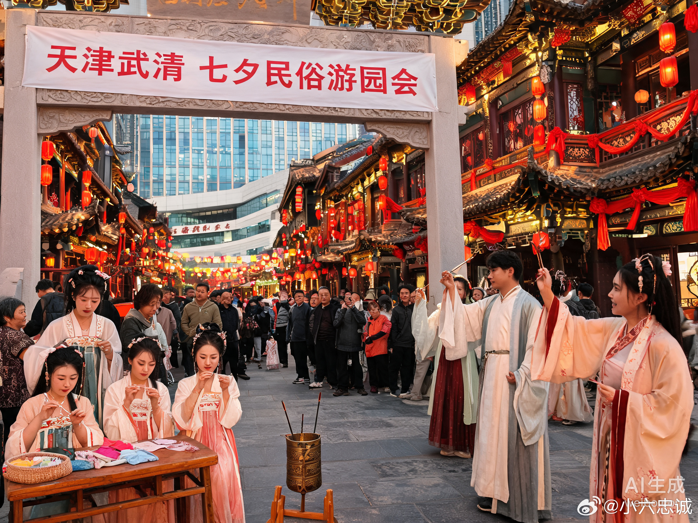 天津武清七夕的中式浪漫 天津武清今年七夕搞了一场民俗游园，穿针乞巧、投壶取乐，满