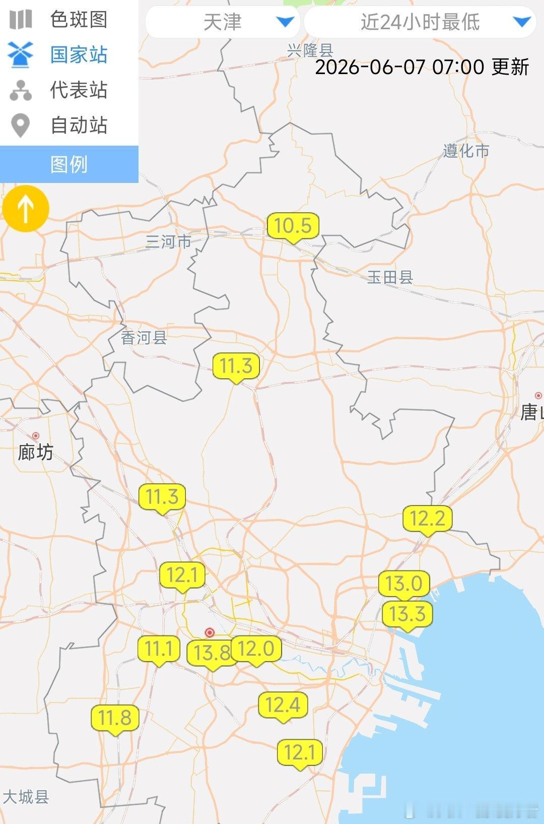 今晨各区最低气温，整体较冷。市区13.8，西青11.1，均创下了本世纪以来的6月