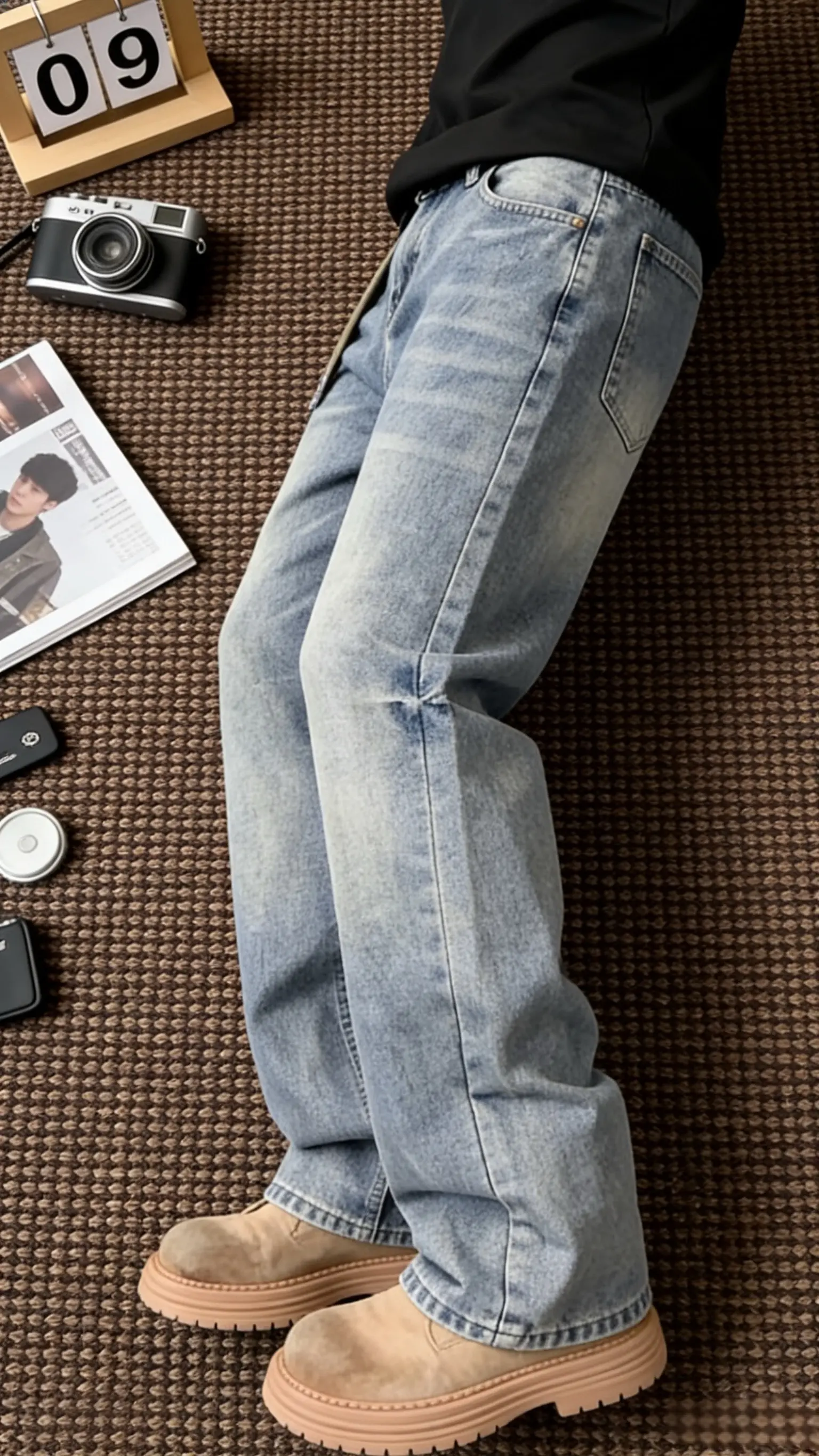 谁能拒绝这款春季百搭潮流直筒牛仔裤男美式复古显高宽松猫须纹长裤子