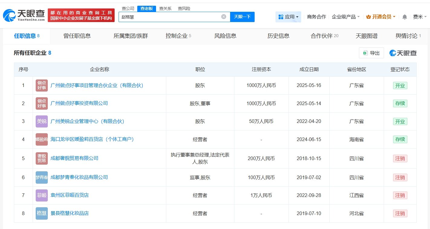 【赵梦澈去年成立2家新公司赵梦澈已注册个人IP商标】据媒体报道，近日，辛巴大徒弟