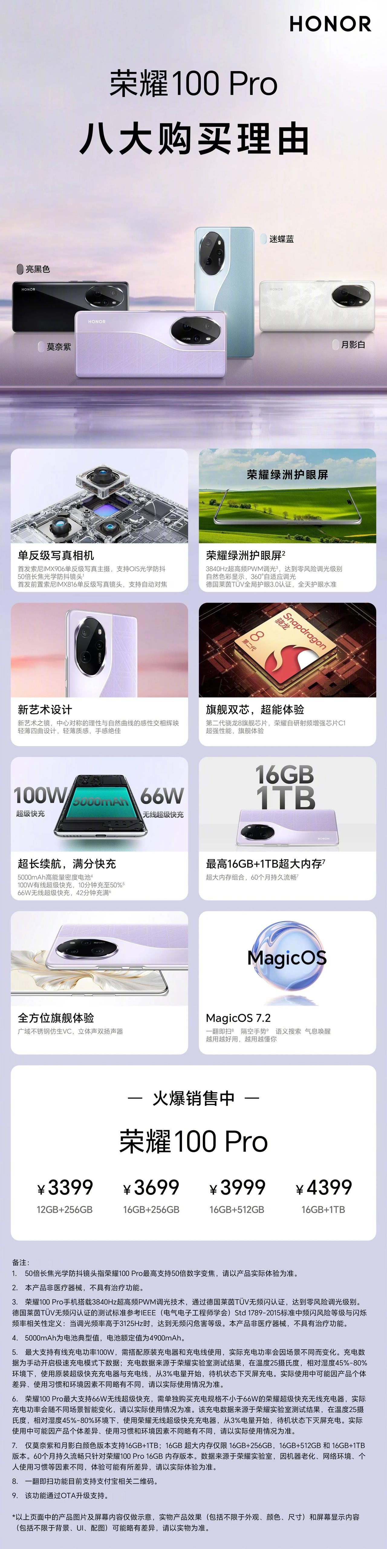 荣耀100系列今天正式开售了。
以下这两张图能看到所有关于该系列的亮点。如果要问
