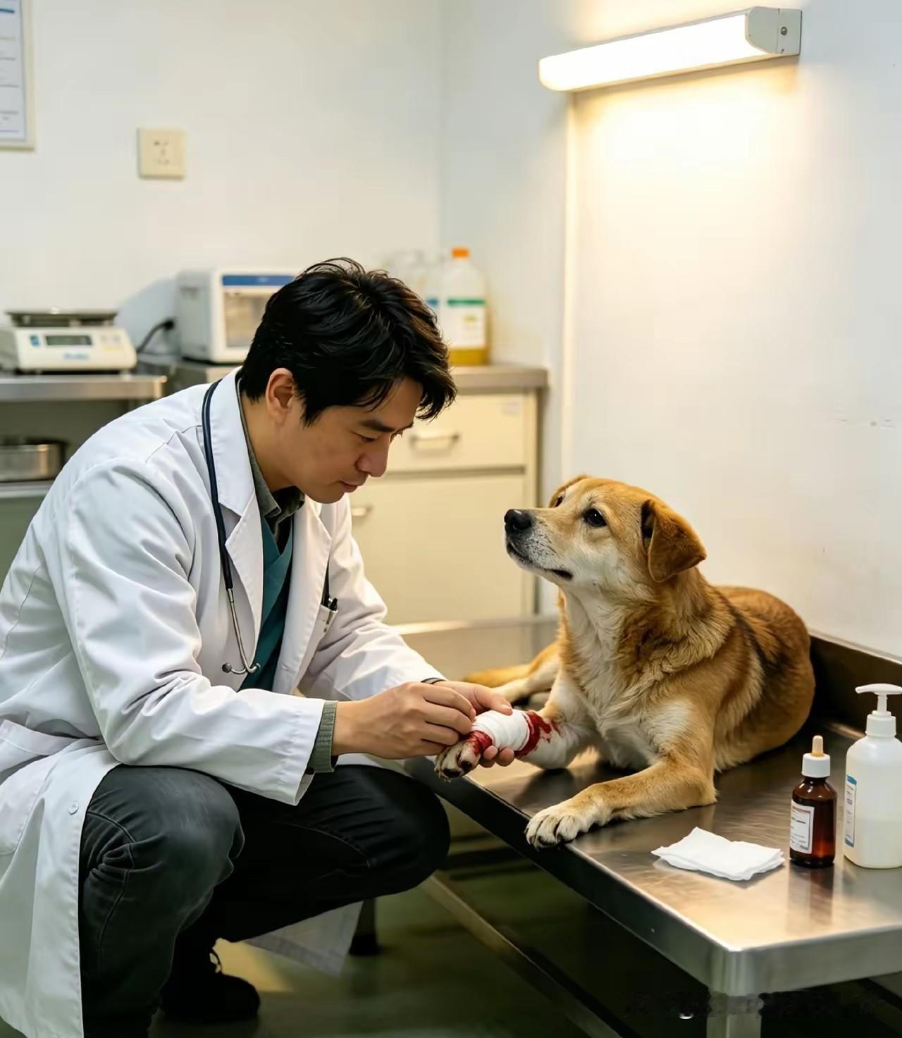 一只流浪狗自己摸到了王医生的兽医诊所，抬着受伤的爪子主动求助。王医生给它处理完伤