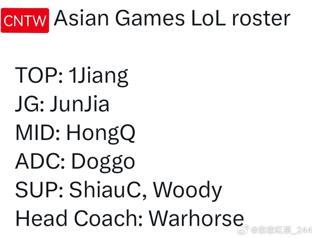 弯弯公布的亚运会名单👇上单: 1Jiang打野: JunJia中单: Hong