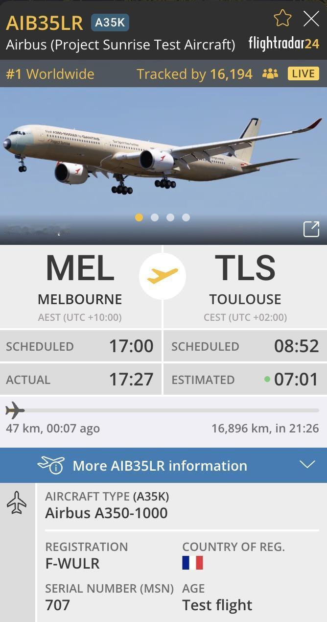 A350-1000ULR返航图卢兹，挑战24小时飞行！
 
澳大利亚时间7月27