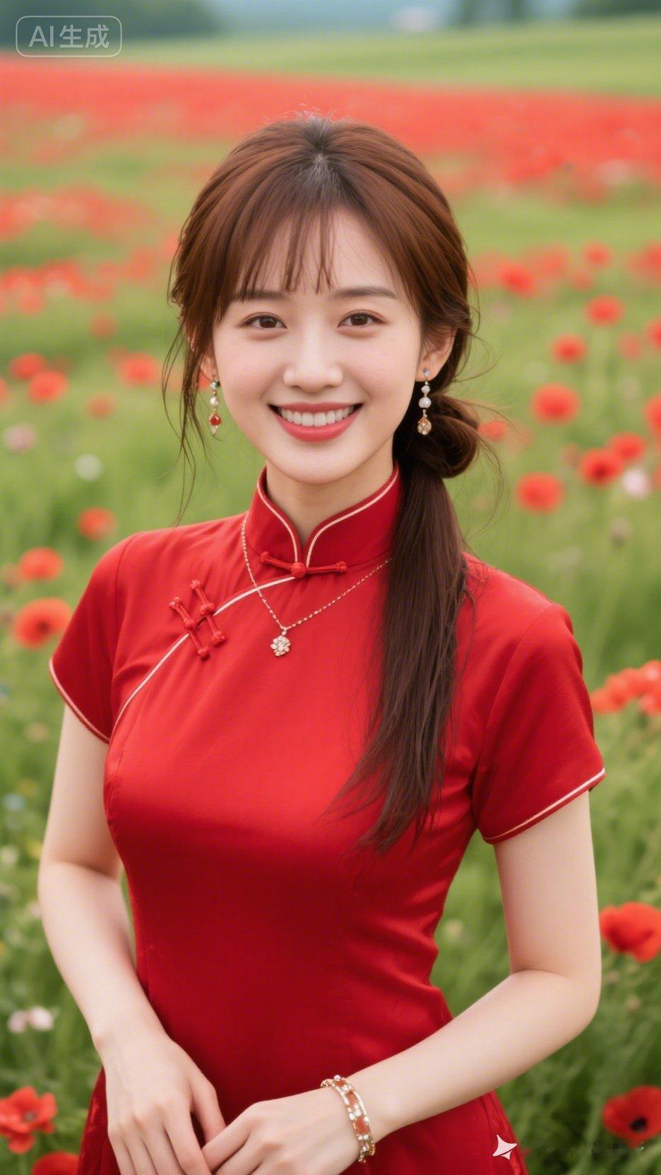 红衣少女在花海中绽放，古典与现代的完美融合。