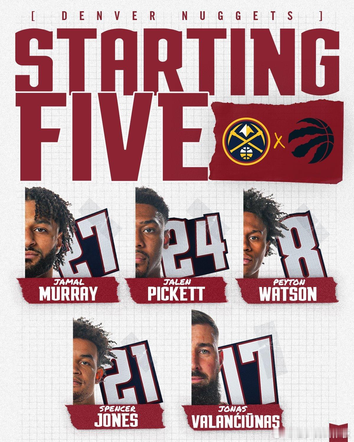 穆雷单核带队！掘金今日客场对阵猛龙，双方首发⬇️掘金: 穆雷、皮克特、沃特森、斯