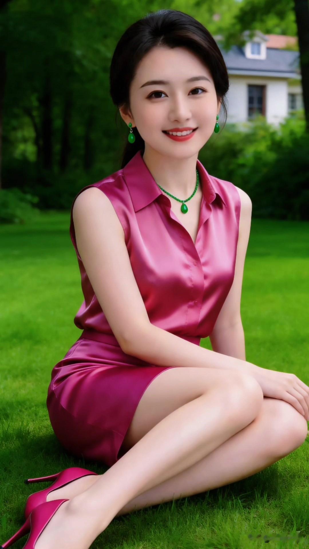 什么样的女性才叫有气质? 如同图中女子，简约缎面套裙搭配温润翡翠首饰，静坐草坪眉