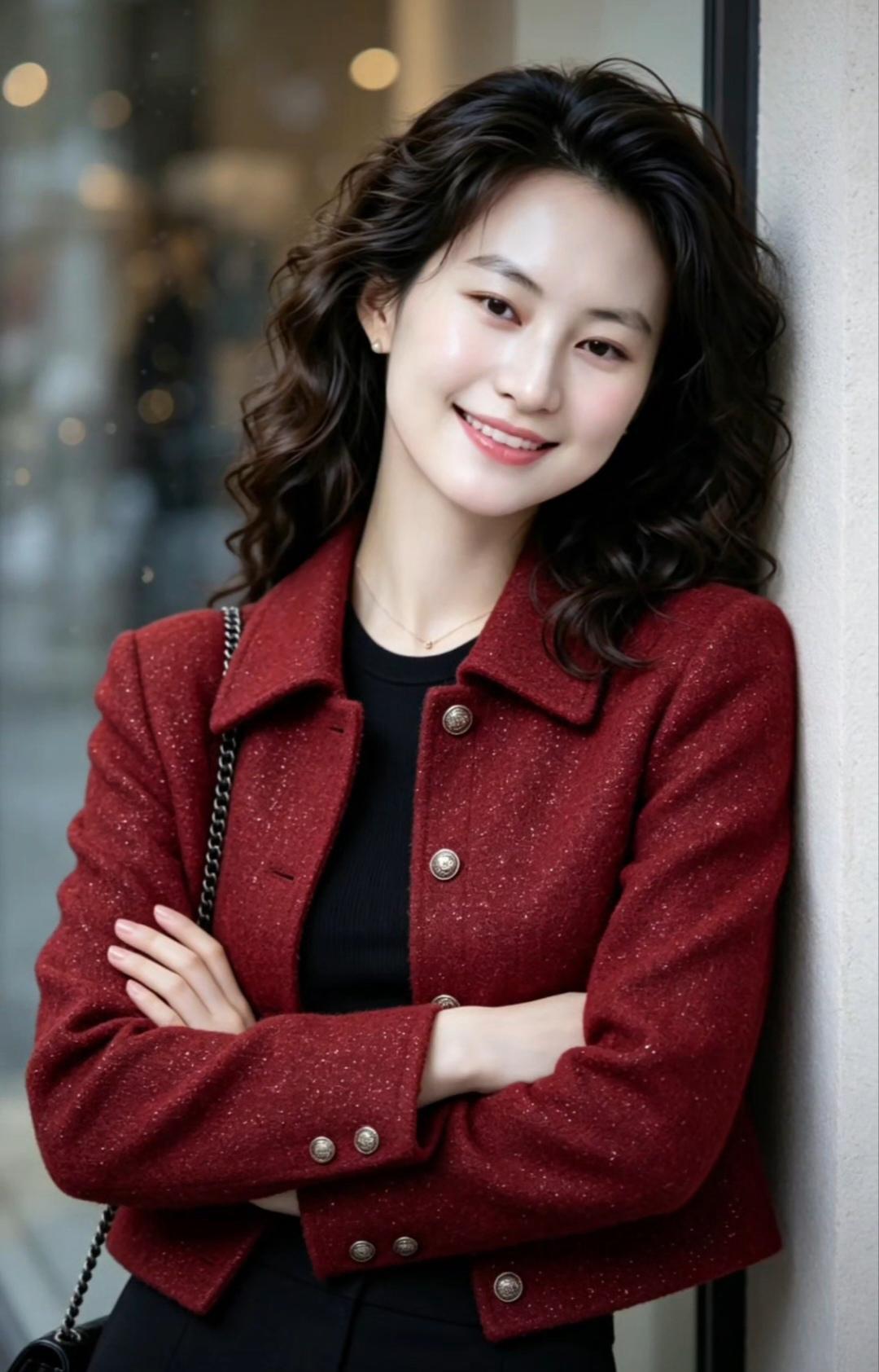 一个穿红色外套的漂亮女生在微笑。