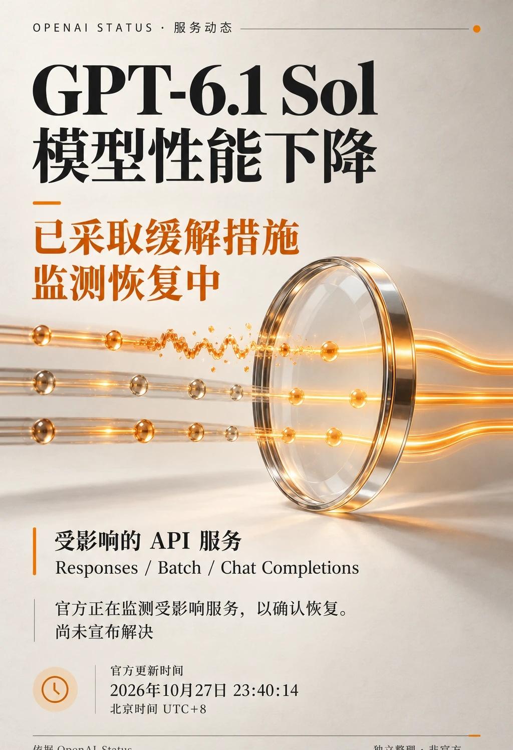6.1 Sol性能下降，监测恢复中
OpenAI Status 通报 GPT-6