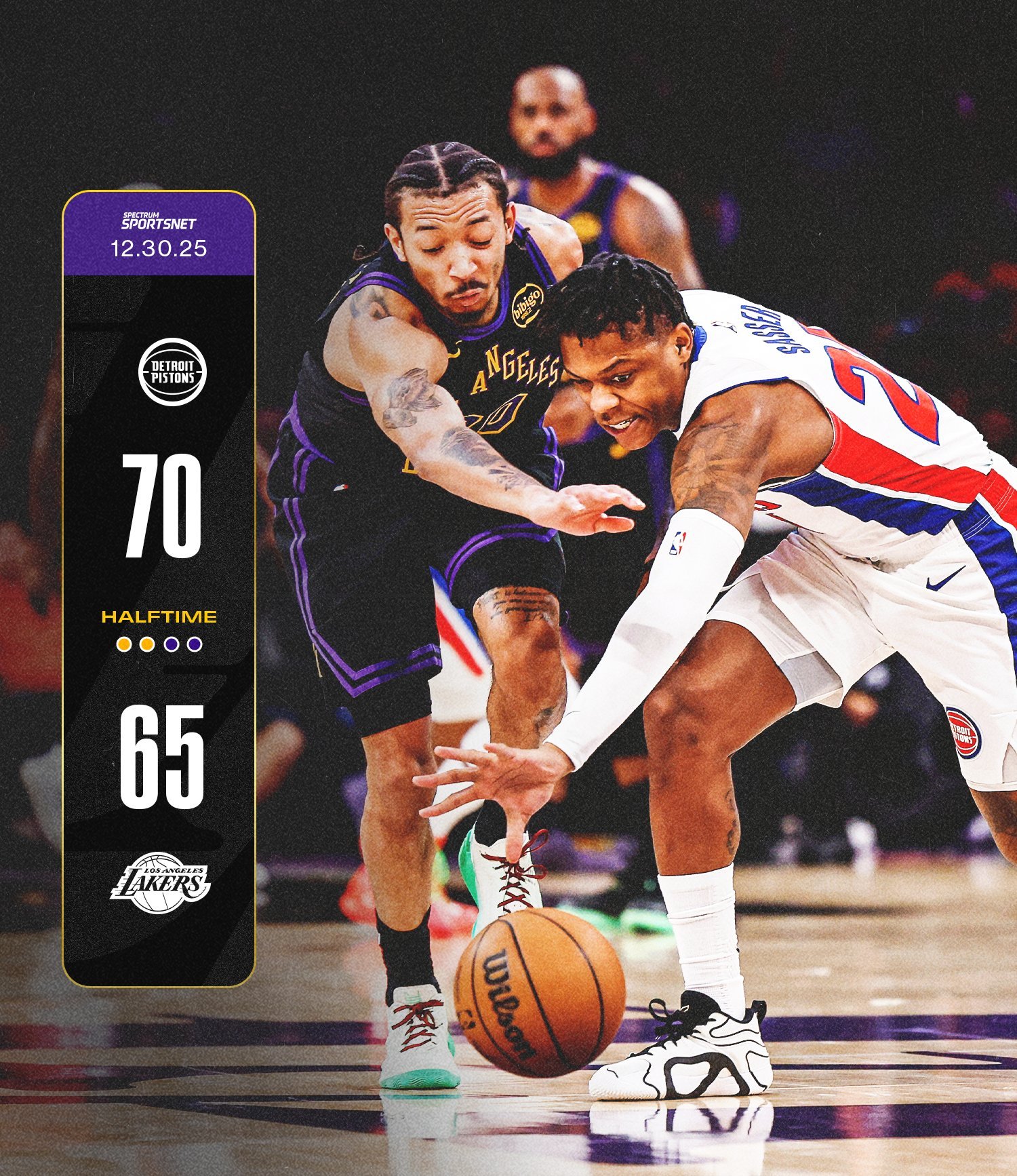 半场落后5分，第二节是赢分的，看看半场如何调整吧，篮下防不住活塞vs湖人