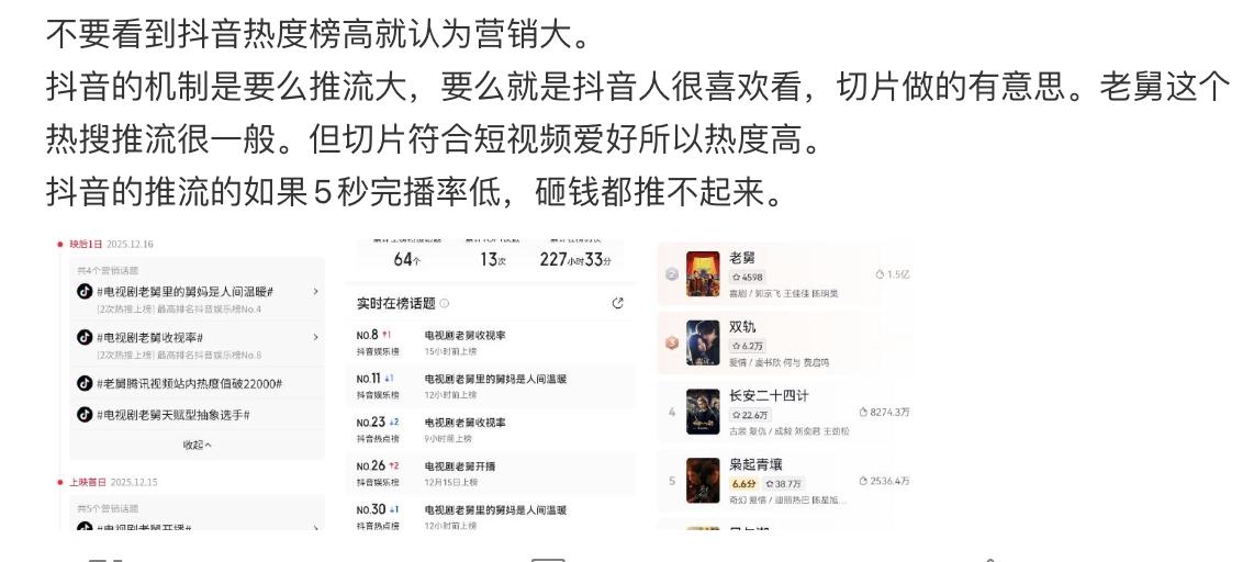 抖音不看热搜榜，看单账户推流；微博看热搜榜，不看大v内容。 