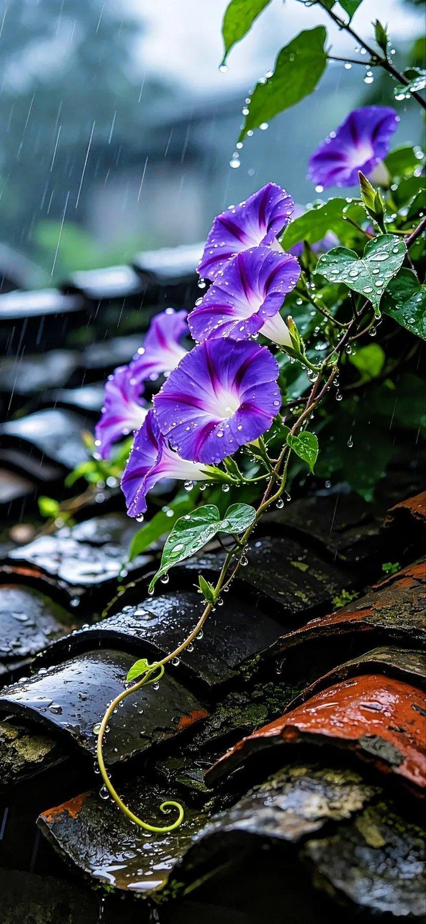 雨中牵牛花护眼模式高清壁纸 