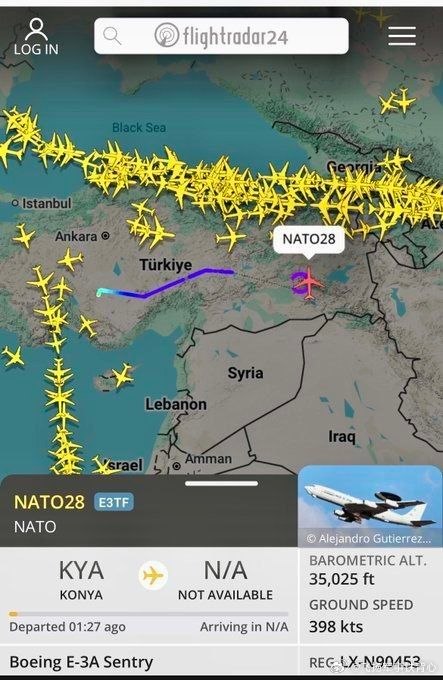 一架美国预警机（AWACS）从土耳其科尼亚空军基地起飞，在穆什（Muş）与巴特曼