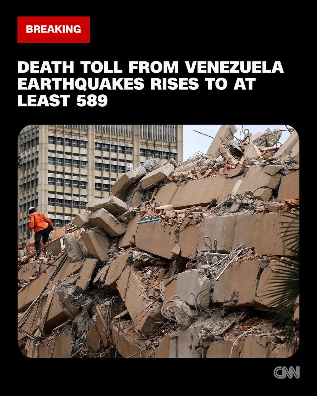 委内瑞拉当局称地震死亡人数升至至少589人。