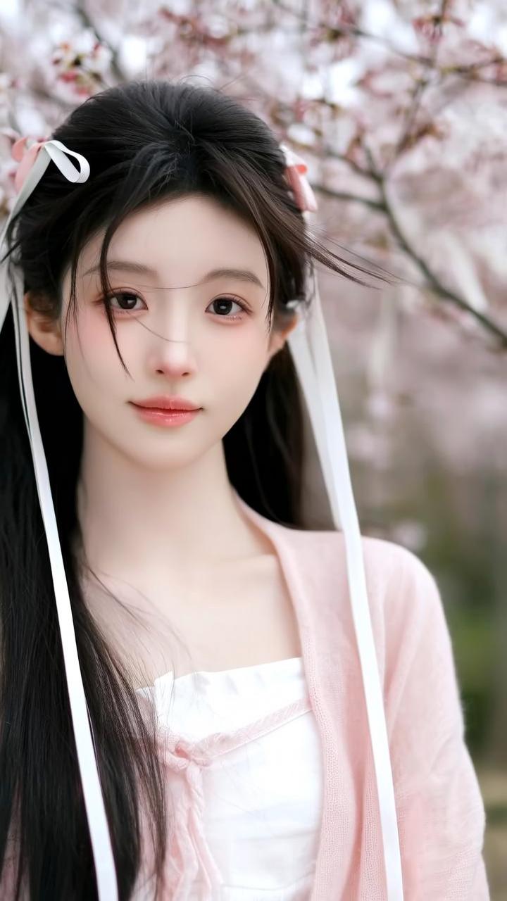 樱花树下，少女轻笑，粉黛如花，春意盎然。