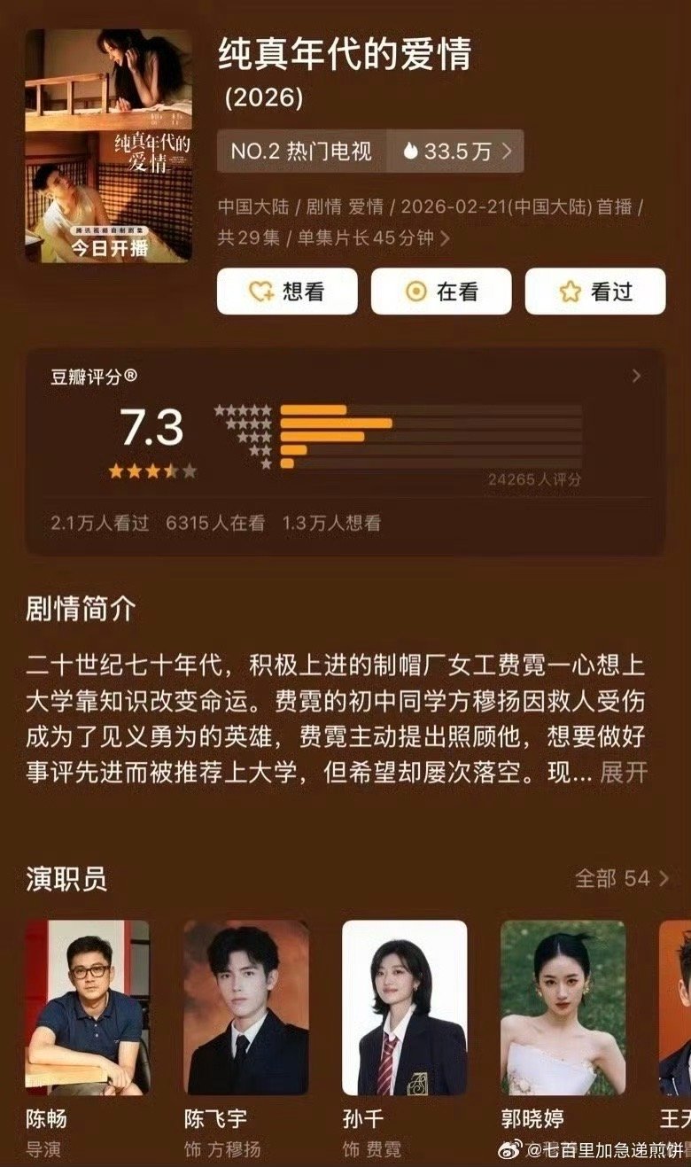 陈飞宇、孙千《纯真年代的爱情》豆瓣开分7.3 