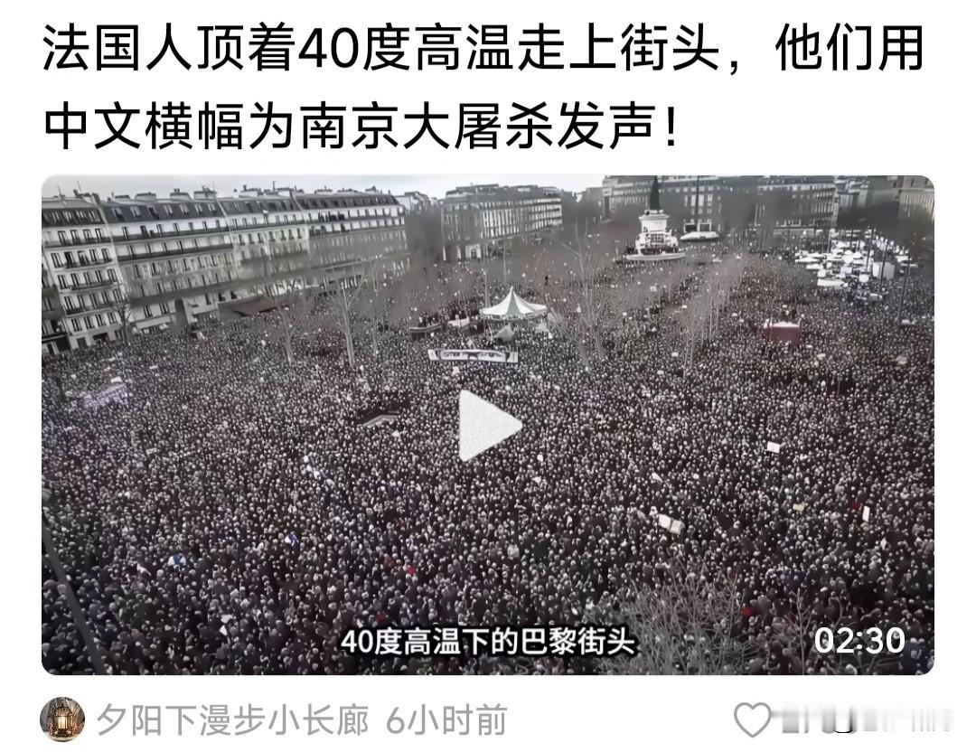 这个视频令人感慨万千！法国人顶着40度高温走上街头，他们用举着中文横幅，为“南京
