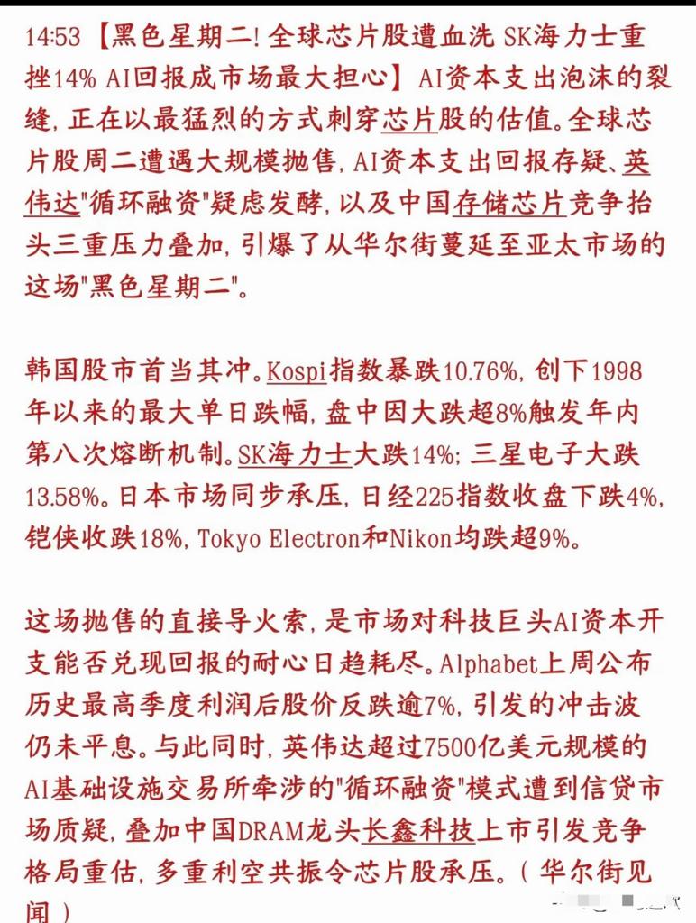 韩国股市暴跌10.76% AI硬件、存储板块集体抛售为哪般？
 
本轮科技股大跌