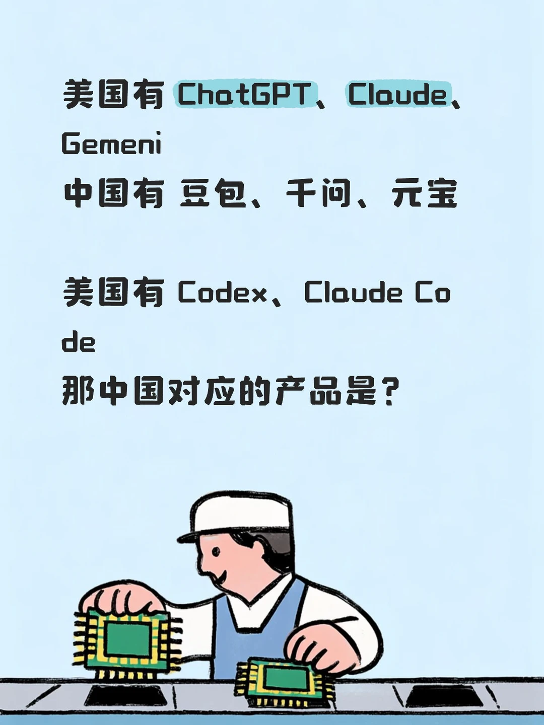 美国有 ChatGPT、Claude、Gemeni 中国有 豆包、千问...
