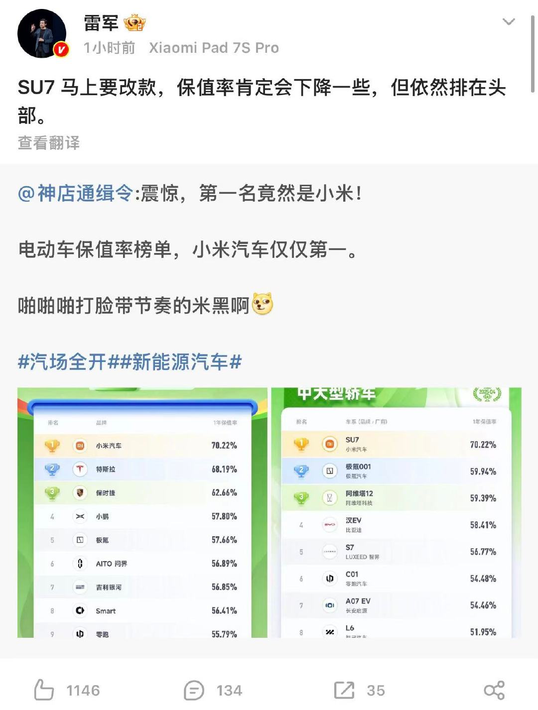小米SU7要改款雷军回应SU7保值率 1月15日，发文称小米SU7要改款，并回应