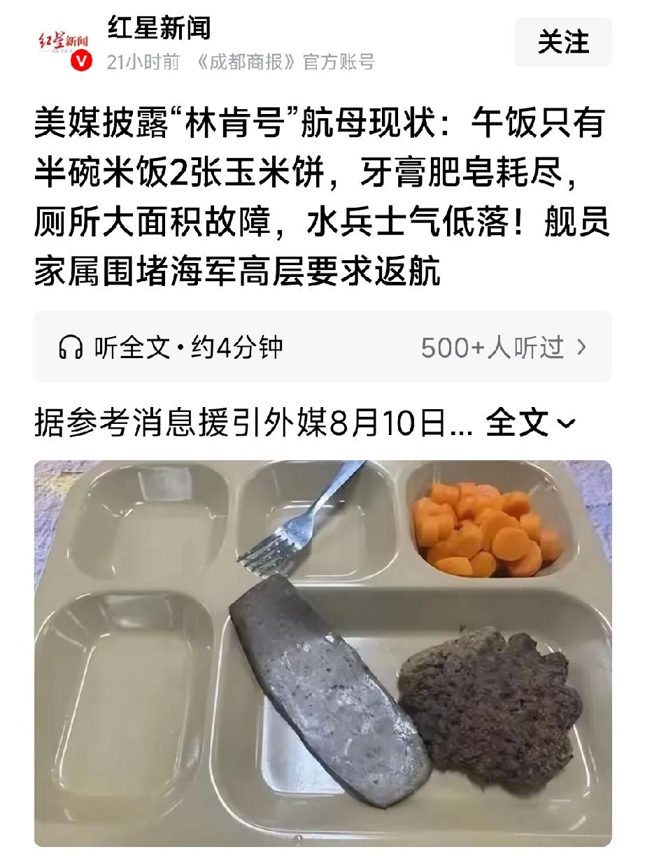 我刚从林肯号下来，里面的人太惨了。别说吃的，连擦净纸都没有，只能用海水洗腚沟子。