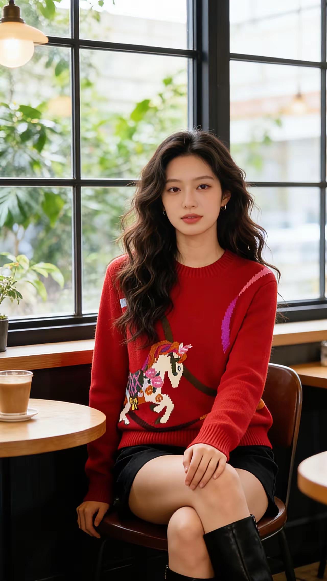 冬日暖阳下的咖啡馆，红衣少女与独角兽毛衣的甜美碰撞暖红毛衣少女 粉红系毛衣