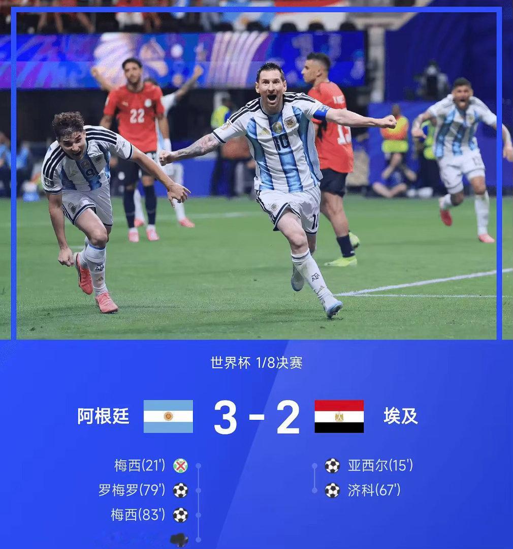 26赛季世界杯1/8决赛，阿根廷让二追三3-2史诗级逆转埃及，晋级8强。恩佐补时
